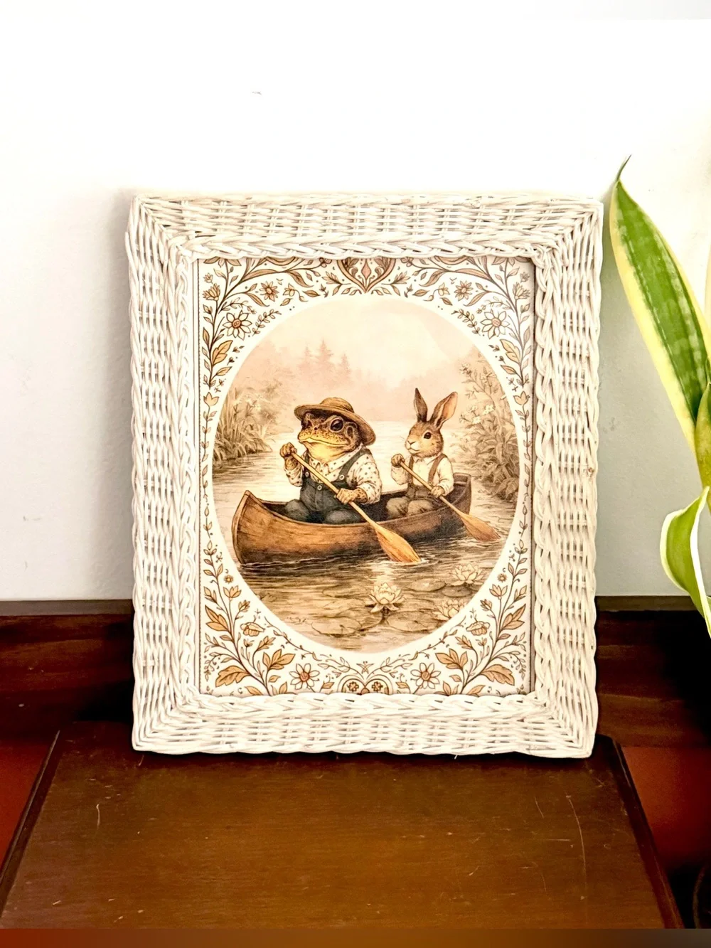 Frog & Bunny Rowing a Canoe Toad Rabbit Canvas Art Print Vintage Rattan Framed